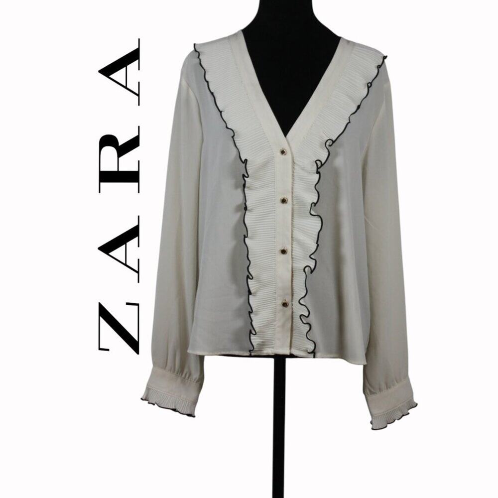 ZARA Ivory V-Neck Blouse with Ruffle Size XL